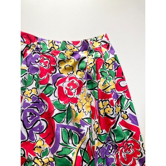 Vintage 90's LANA LEE Floral Print Cotton Pleated A-Line Midi Skirt, Size 9/10 - Picture 8 of 13